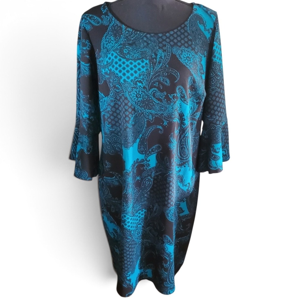 Avenue Womens Teal Black Paisley Bell Sleeve Shift Dress Plus Size 14/16 Stretch